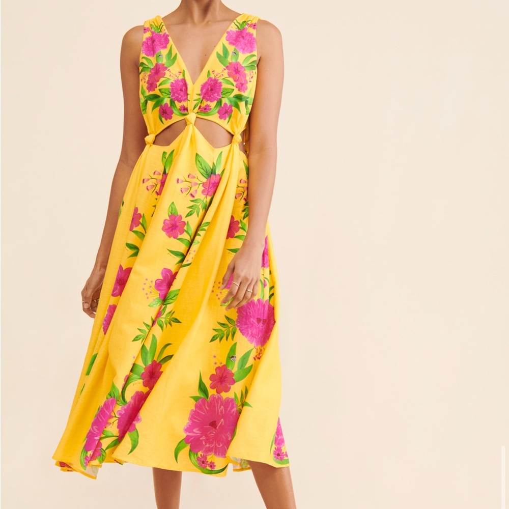 FARM Rio Yellow Sundress Plunge Neck Sleeveless Midi